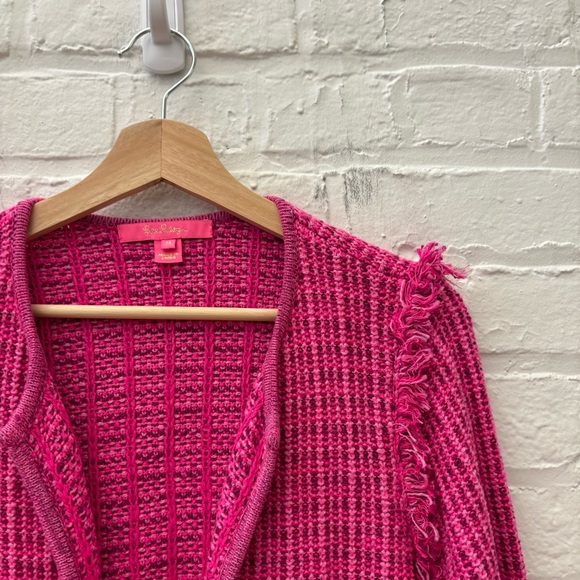 Lilly Pulitzer || Simora Lady Jacket Fringe Cardigan Sweater Pink Gold Medium - Picture 3 of 9